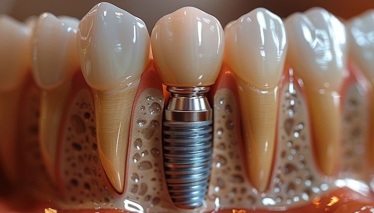 Titanyum diş implantı — çene kesit modeli